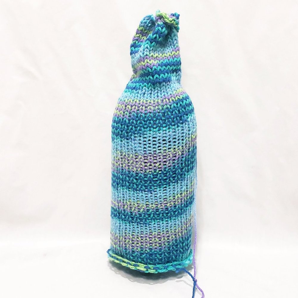 2L Liter Knit Bottle Cozy Drink Cover 15" Draw String Blue Handmade Variegated